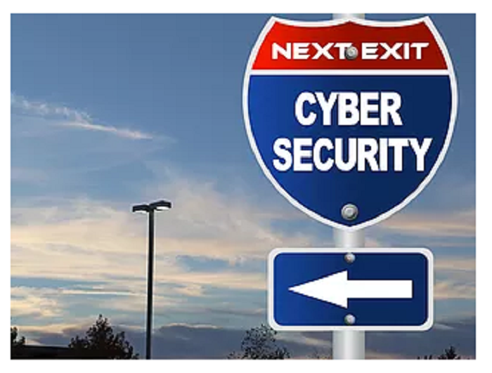 Route 66 sign with text that says "next exit: cyber security"