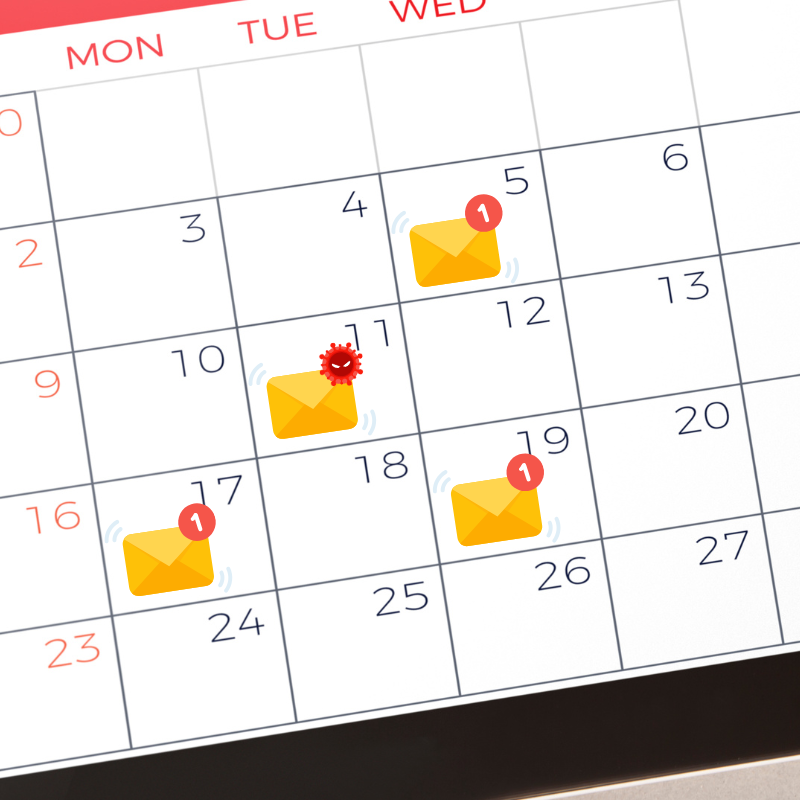 A calendar with digital meeting invites - but one is labeled with malware.
