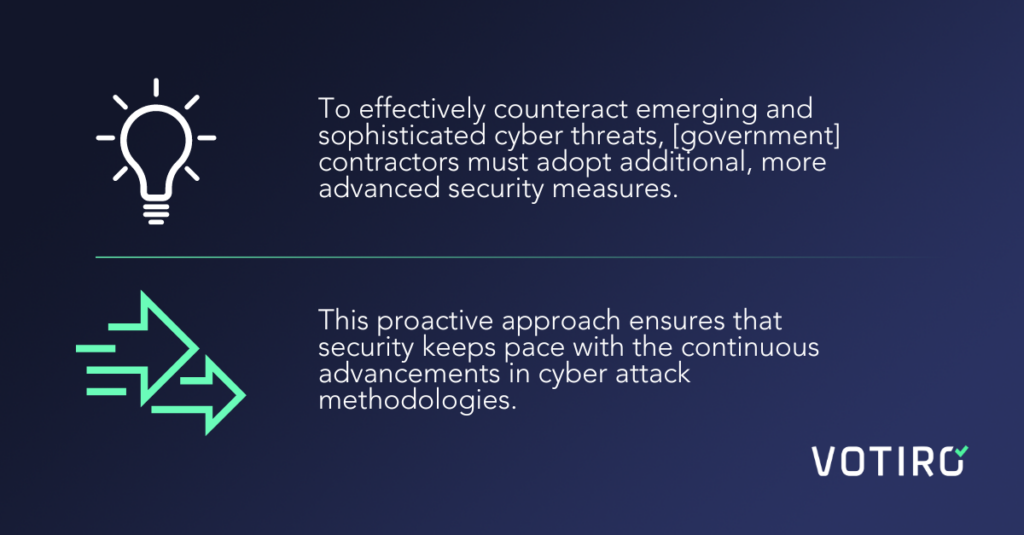 To effectively counteract cyber threats, contractors must adopt additional, more advanced security measures to keep pace with the continuous advancements in cyber attack methodologies.