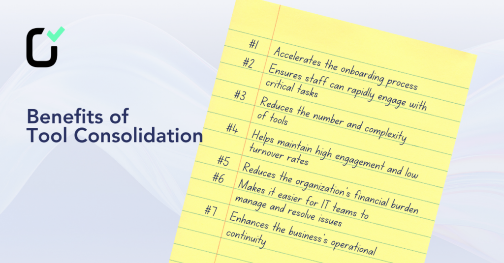 A piece of note paper lists the 7 benefits of cybersecurity tool consolidation for SOCs.