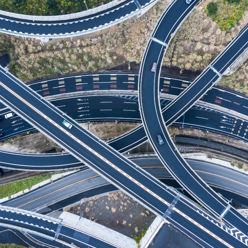 An overhead of a bunch of highways overlapping one another.