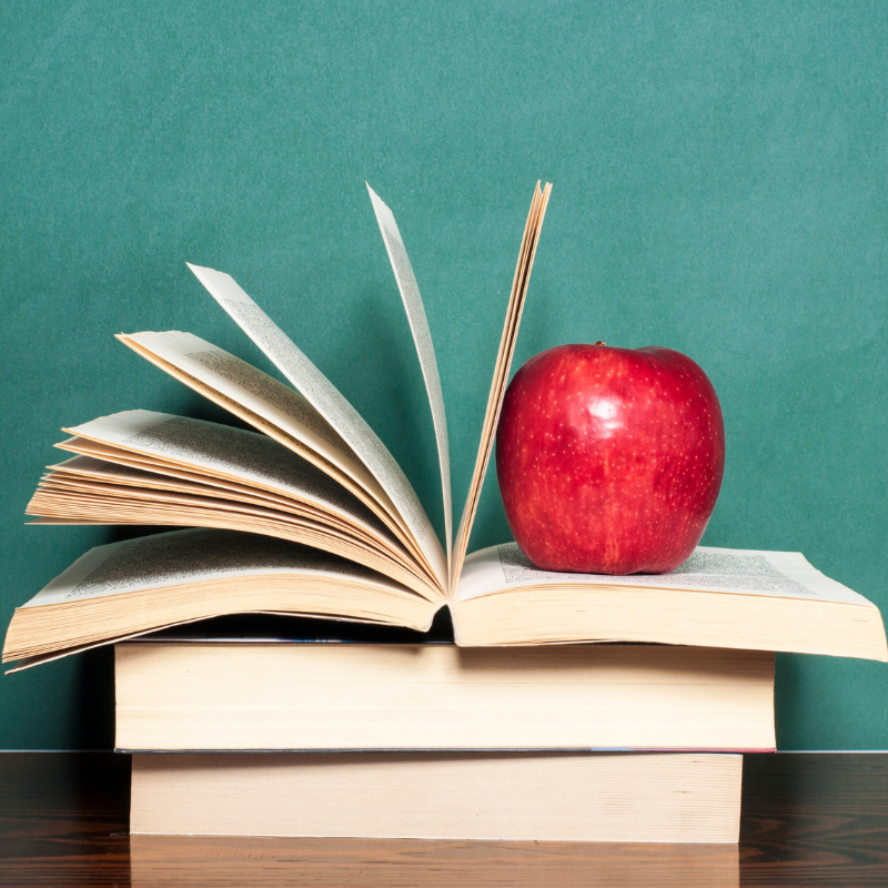 Books and an apple to depict education.