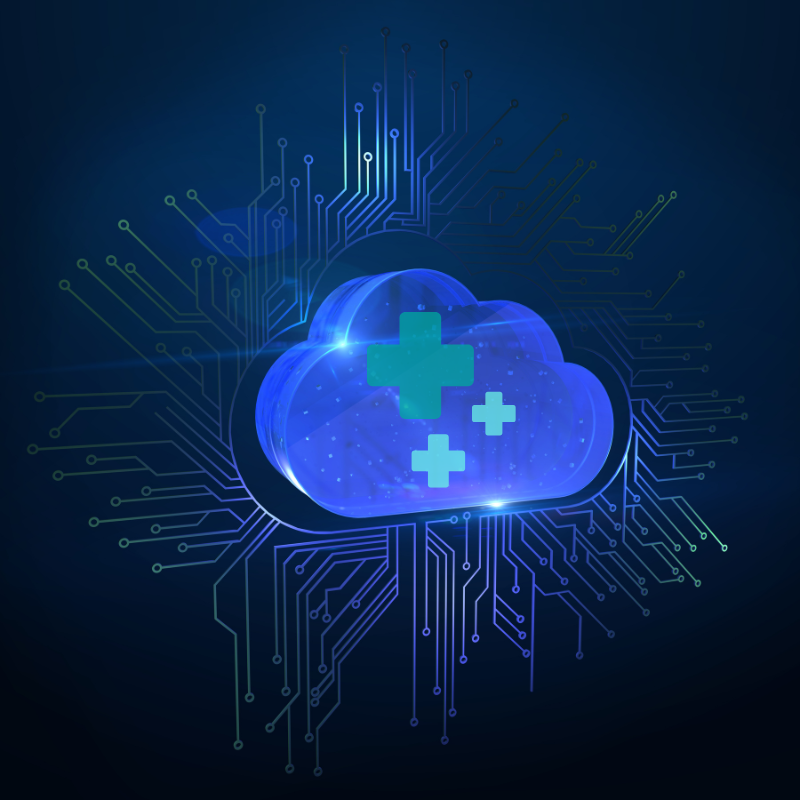 A digital rendering of a cloud above computer nodes with healthcare plus signs within it.