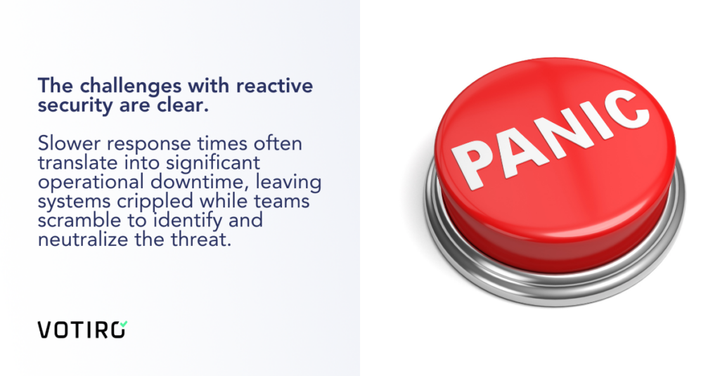 The challenges with reactive security are clear. Features a large red panic button.