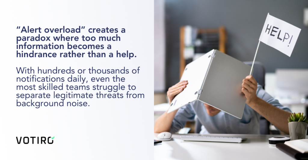 Security teams are often inundated with an overwhelming volume of alerts. Features an employee covering their head with a laptop.