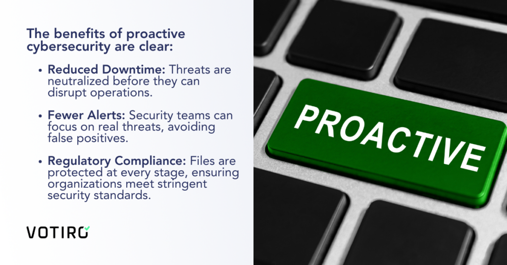 The benefits of proactive cybersecurity are clear. Features an image of a keyboard where one button has been replaced by a large green "Proactive" key.