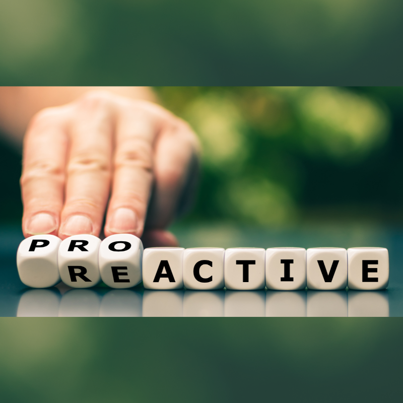 A hand moves blocks that say "proactive" to reveal the word "reactive"