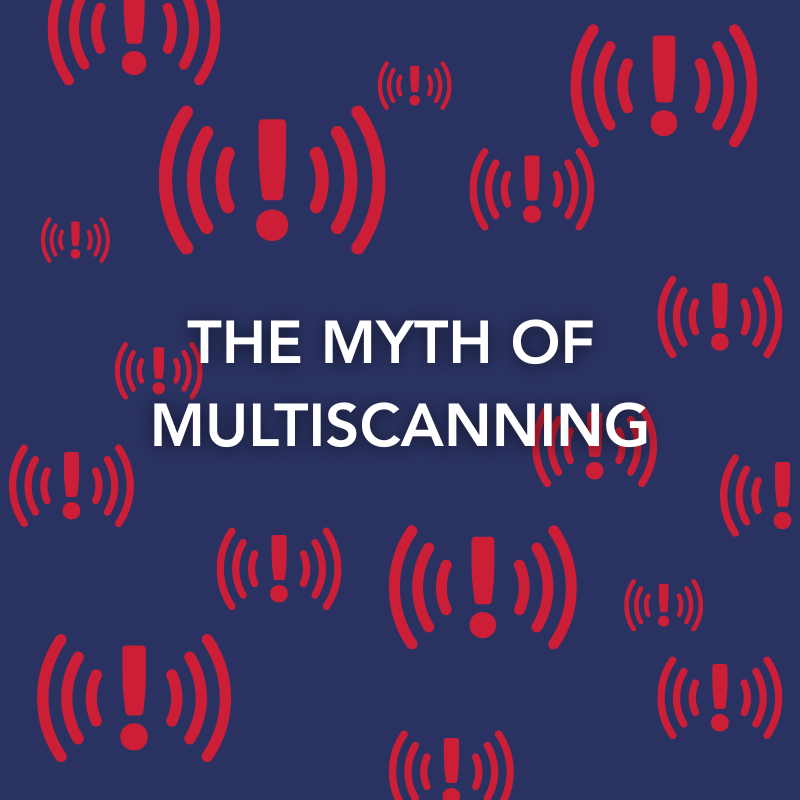 The Myth of Multiscanning text is surrounded by red exclamation alert symbols.