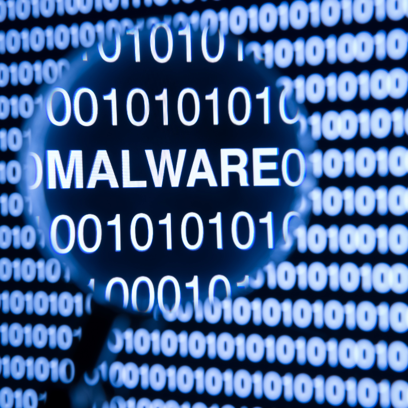A magnifying glass inspects ones and zeros on a screen and locates MALWARE