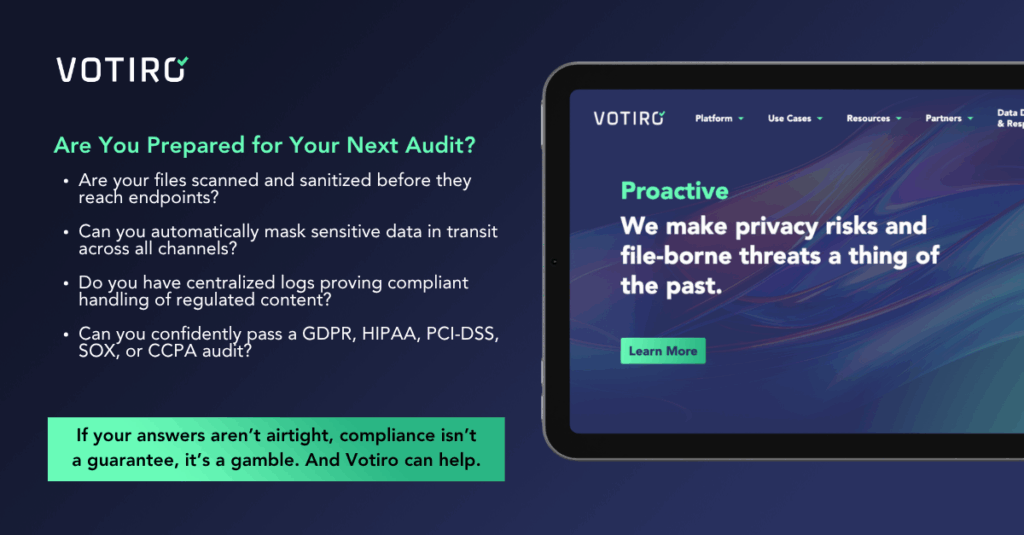 Graphic of the Votiro website homepage. Text is about preparing for the next compliance audit.