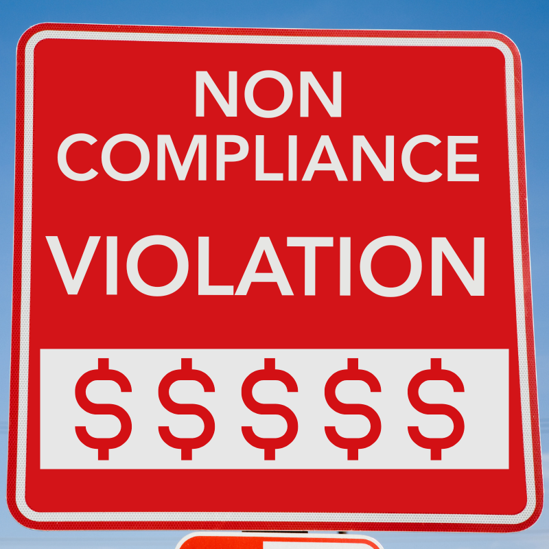 A real-world violation sign but the text reads: NON COMPLIANCE VIOLATION with dollar signs.