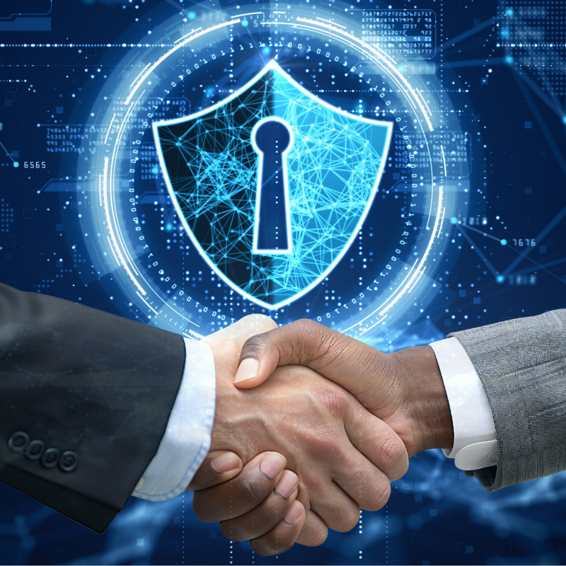 Hands shake in front of the icon for cybersecurity