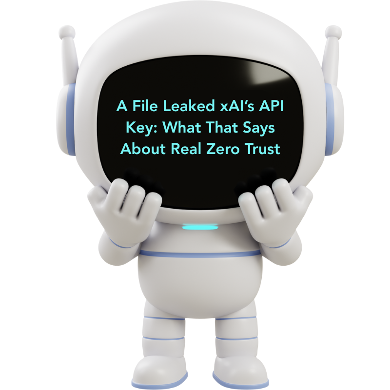 A digital robot shows distress with the word "A File Leaked xAI’s API Key: What That Says About Real Zero Trust" typed on its face-screen.