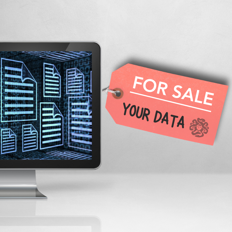 A computer displays files with a tag attached to it. The tag reads "For Sale: Your Data" next to a stamp of a Medusa head.
