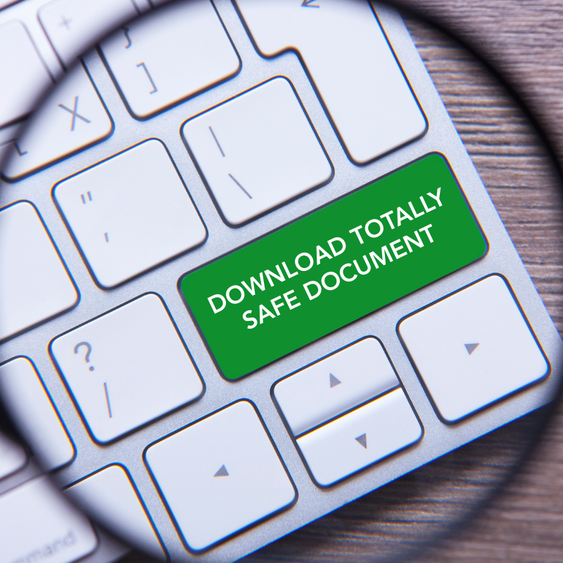 Magnifying glass over keyboard, focused on one green key that says "DOWNLOAD TOTALLY SAFE DOCUMENT"