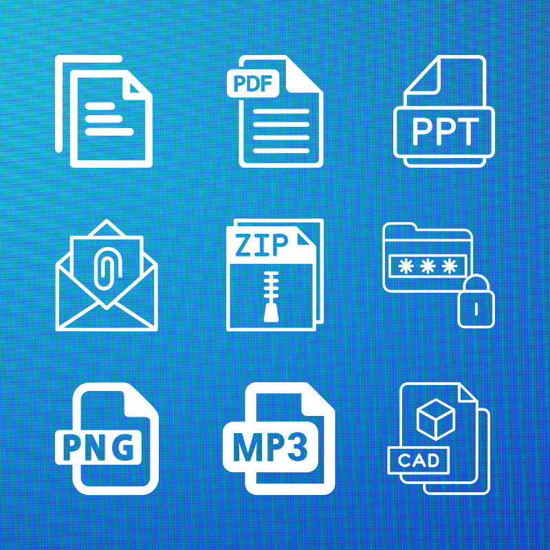 Nine file type icons, from PDF to ZIP to PNG.