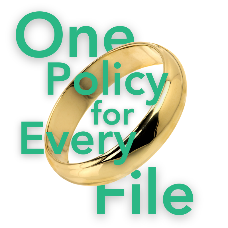 A gold ring with the words "One Policy for Every File" written through it.
