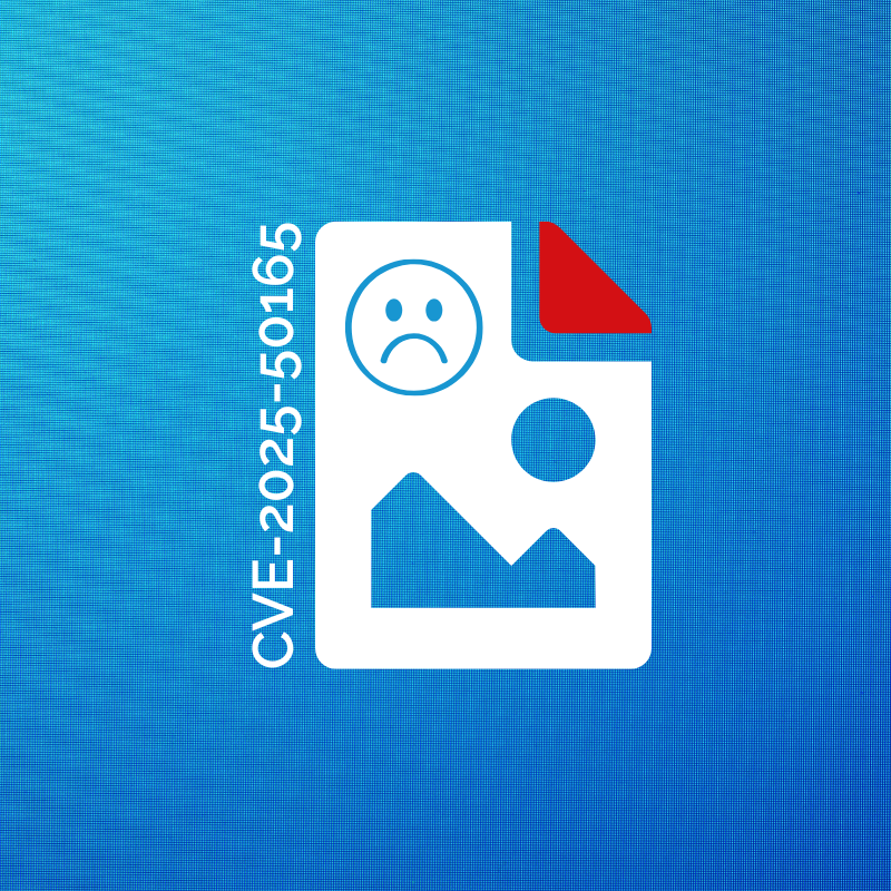 A blue screen with an image icon over the top. In the image icon is a sad face and next to it reads "CVE-2025-50165"