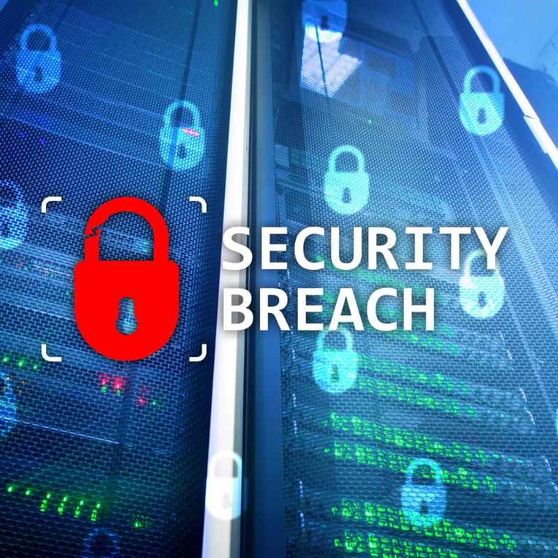 Close-up of a data server with a red padlock and the words, "SECURITY BREACH"
