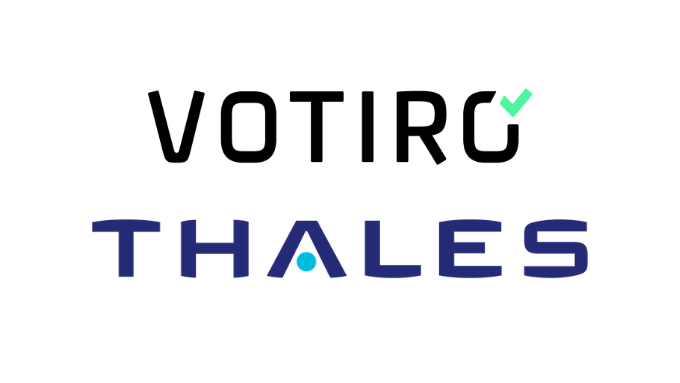 Votiro logo and Thales logo on white background, illustrating their partnership - Votiro