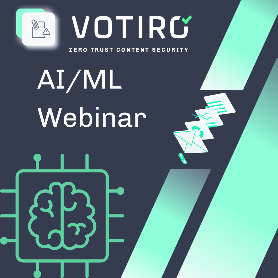 Votiro webinar graphic with a brain icon inside of a computer chip with the words "AI/ML webinar"