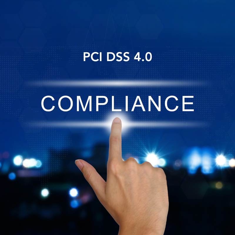 PCI DSS 4.0 compliance with a finger pointing to the word "compliance"