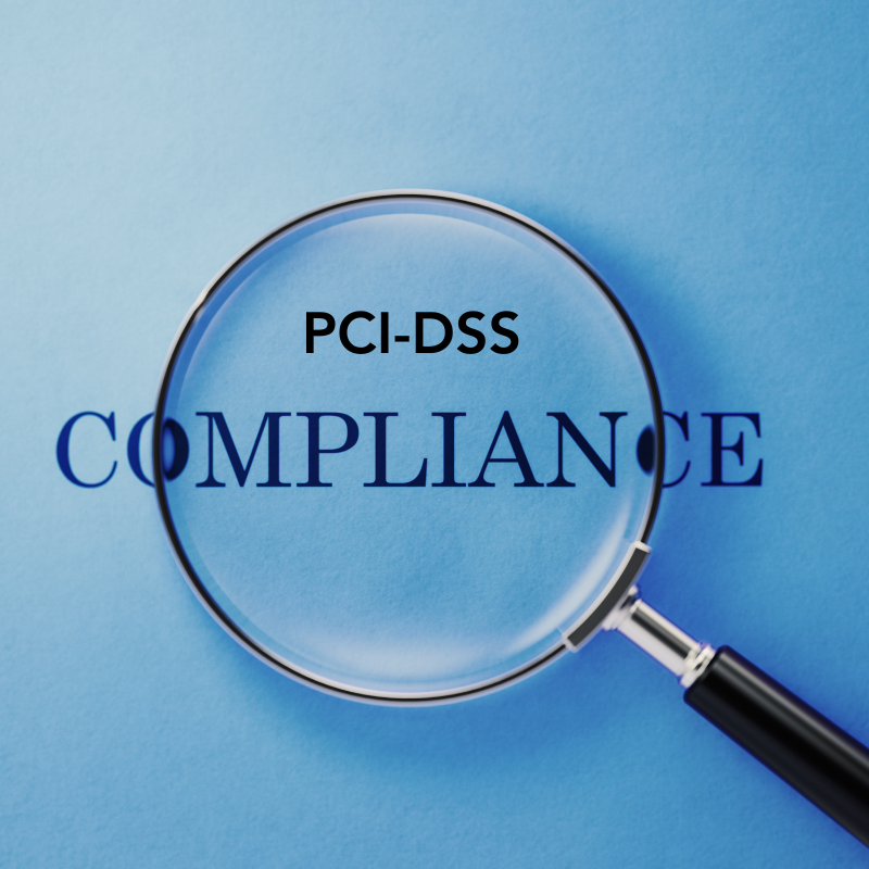 A magnifying glass looking at the words "PCI-DSS Compliance"