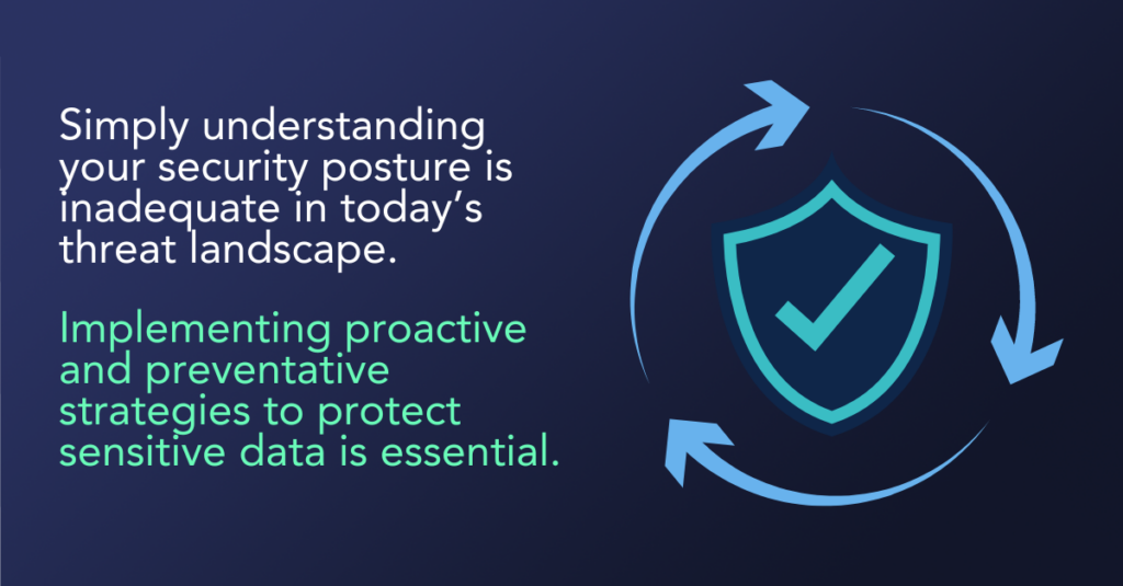 More than understanding security posture is needed today. A proactive, preventative approach is essential for data security. A shield with a checkmark is surrounded by rotating arrows to imply action.