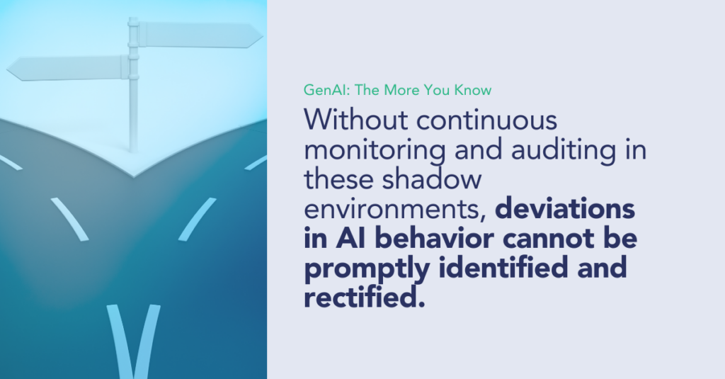 Without continuous monitoring and auditing in these shadow environments, deviations in AI behavior cannot be promptly identified and rectified.