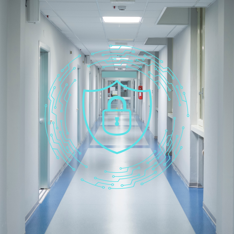 A hospital hallway with a digital security padlock in front of it