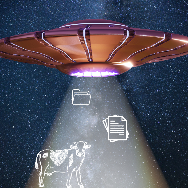 A UFO tractor beam is bringing up files, documents, and a cow.