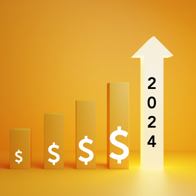 A bar chart with dollar signs ends with an arrow pointing up with "2024"