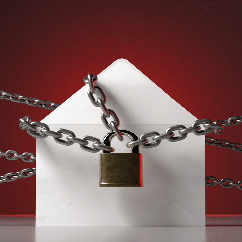 A paper envelope is wrapped in a chain and locked together to imply email phishing prevention