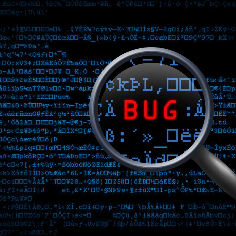 A bunch of code on a screen. A magnifying glass hovers over the large red letters of BUG.