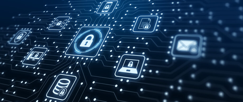 A digital grid of icons surrounding a digital padlock to infer cybersecurity