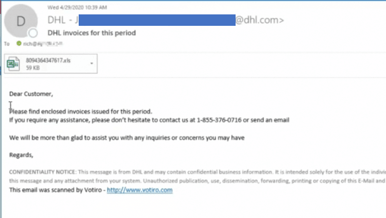 phishing email screenshot from cyber attack threat criminal posing as DHL employee