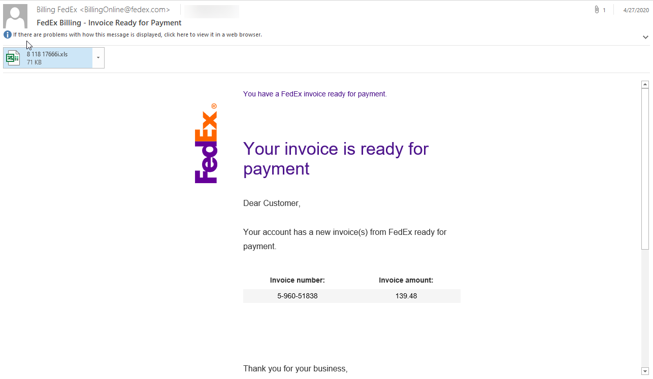Image of FedEx Phishing Email