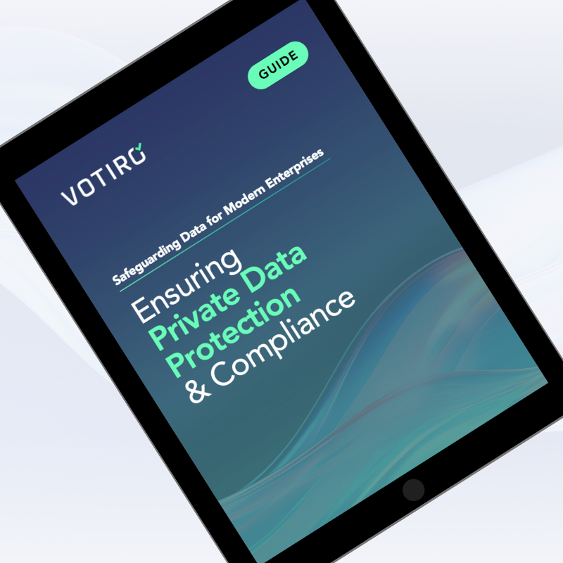 The cover for the Guide to Ensuring Private Data Protection and Compliance is shown within an iPad.