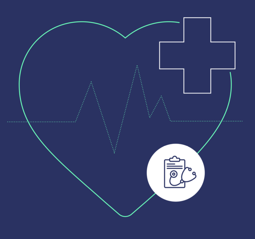Healthcare logo featuring a heart, plus sign, heartbeat sensor, and clipboard.