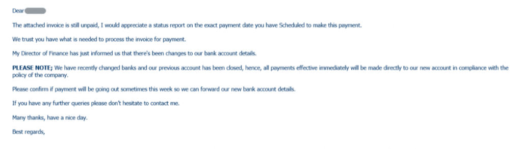 Phishing email pretending to be legitimate company, asking reader to pay for unpaid invoice