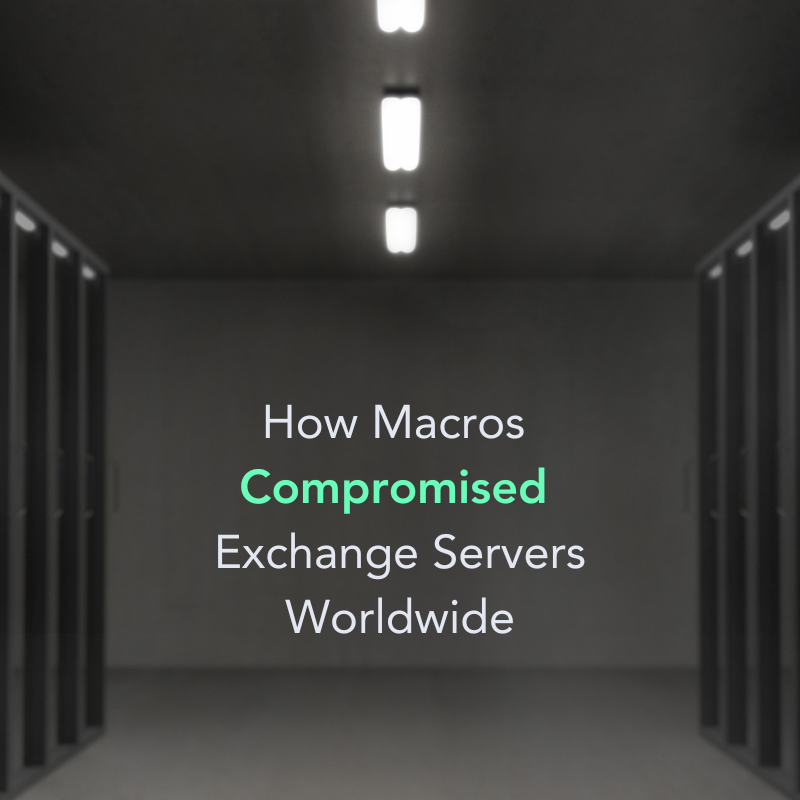 A server room with the words "how macros compromised exchange servers worldwide"