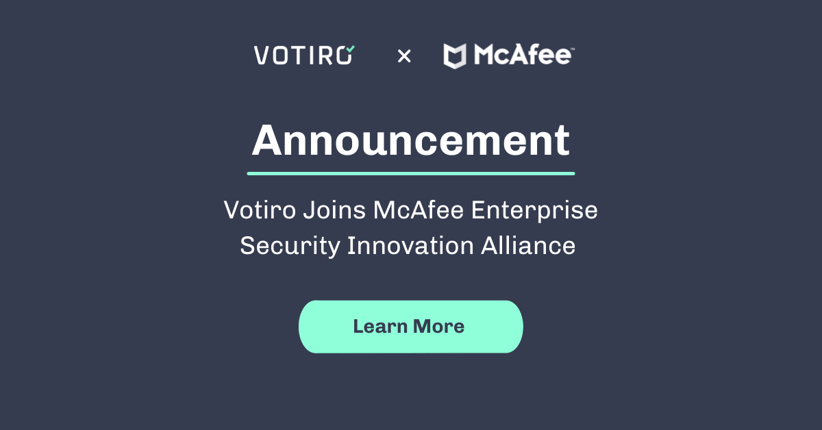 Announcement text about Votiro joining a McAfee alliance overlayed on a dark blue background - Votiro