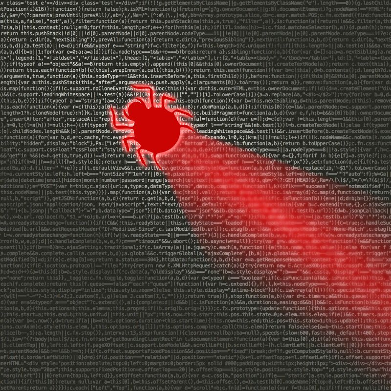 Red malware bug glides across a screen of code