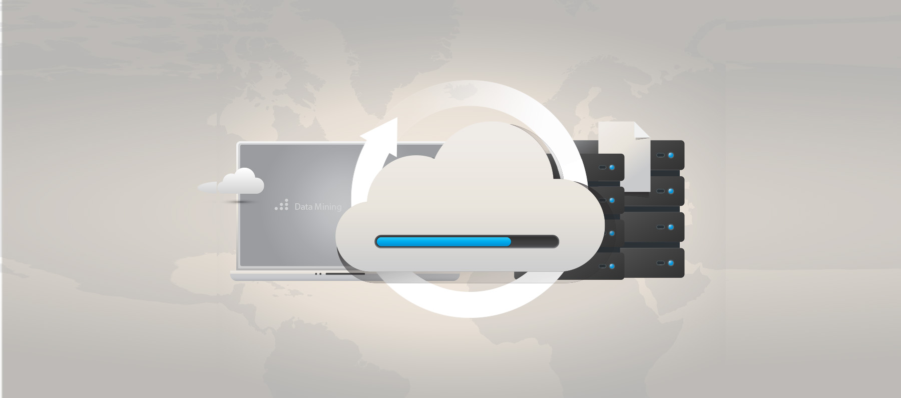 Graphic of an upload cloud icon over screens