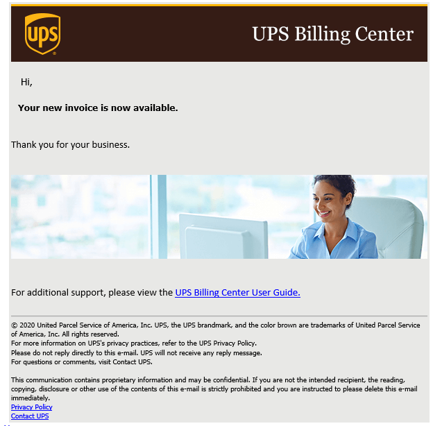 visual of ups branded phishing email posing as fake ups billing center