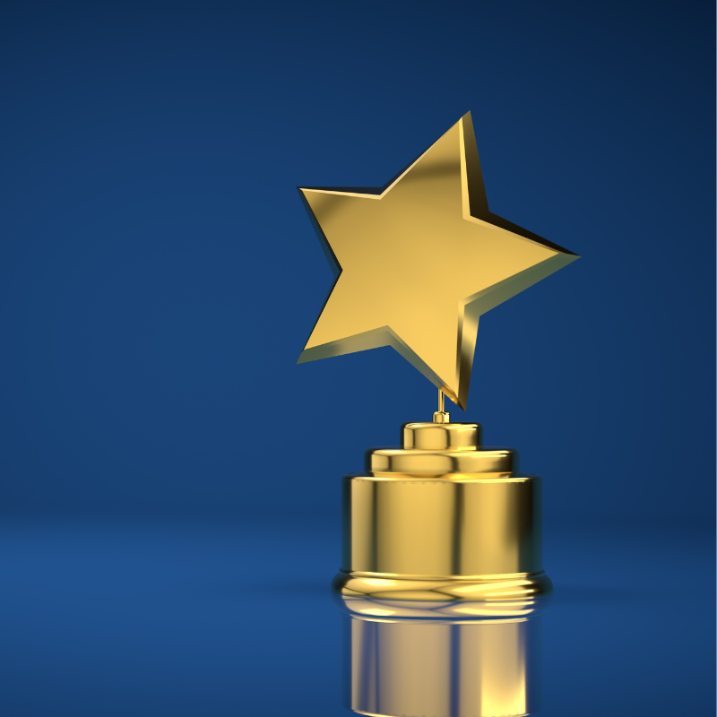 Golden star award against a blue background for Top Tech Startup 2023 Award