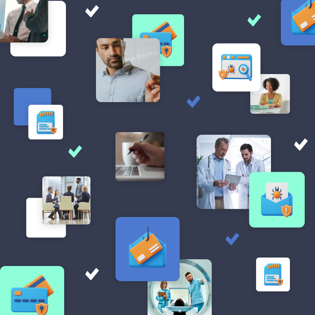 small scattered images of people and files on dark blue background - Votiro