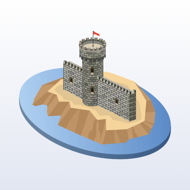 Graphic of castle and wall on an island