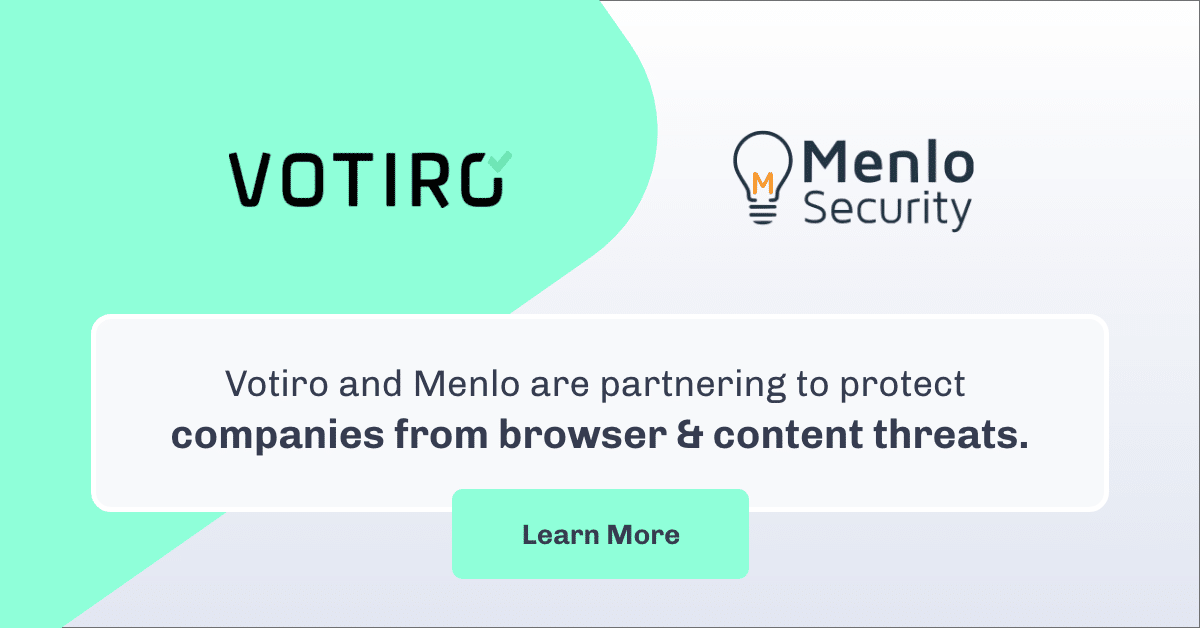 Votiro logo and Menlo Security logo on green and white background with text about Menlo and Votiro partnership - Votiro