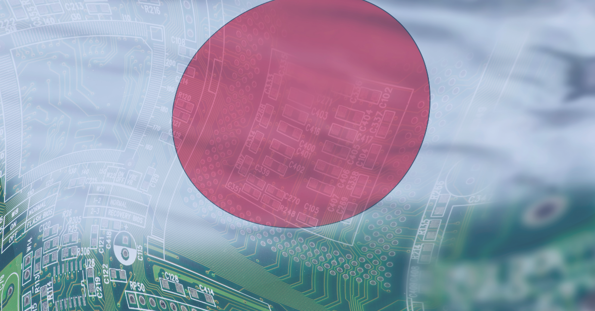 Faded image of Japan flag over green computer chip